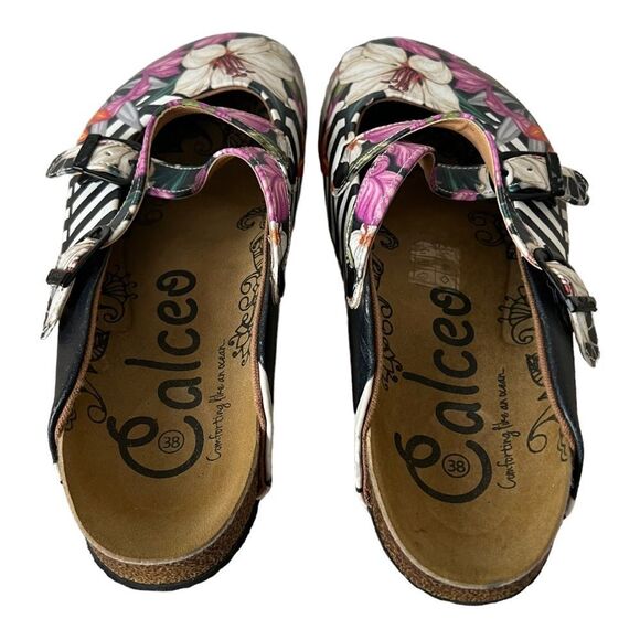 Calcio size 38 EU / 7.5 US Black & Pink Floral Stripe Clogs EUC - Picture 12 of 16